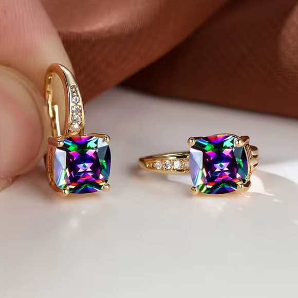 None Jewelry - 2.7Ct Emerald Cut Lab Created Mystic Topaz  Drop/Dangle Earrings 14k Yellow Gold